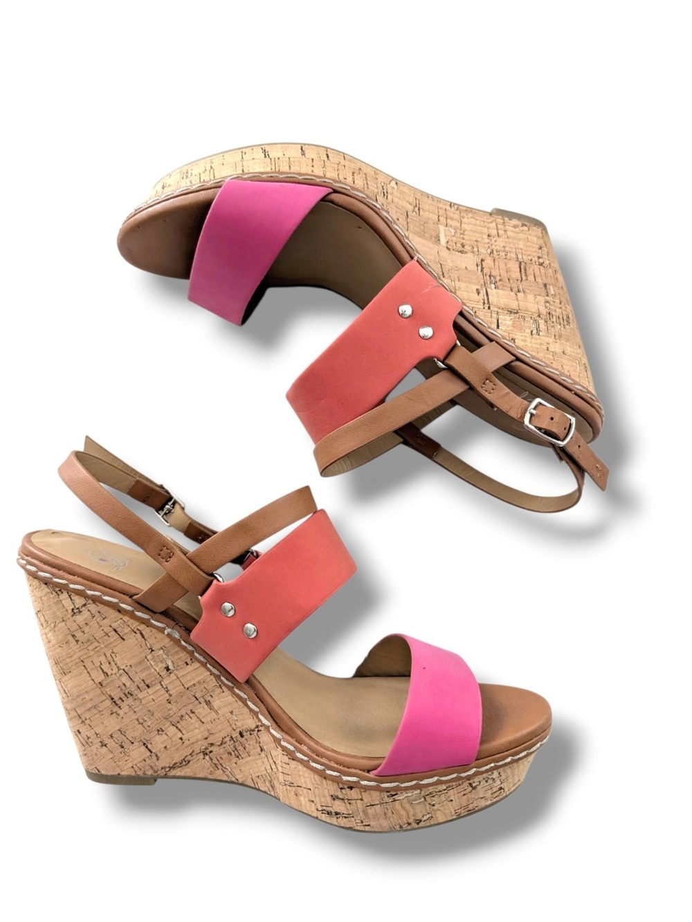 Divas Pink and Coral Cork Wedge Sandals, Size 10